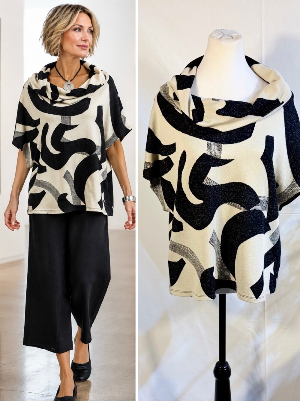 Kozan Suki Top Abstract Shibori Print Cowl Neck Tunic Art To Wear Sz S🧡